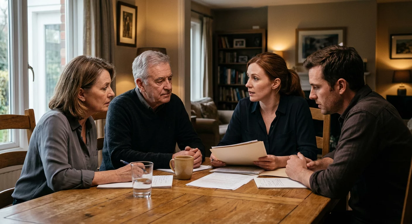 Multi-generational family sitting around a table having a discussion about long-term family legacy structures